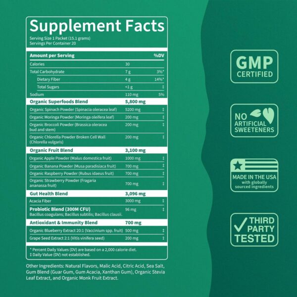 Supergreens Superfood Drink Mix with Chlorella, Moringa, Spinach, Broccoli, Digestive Enzymes, and Probiotics – Apple Pear Flavor, 20 Servings, Travel Pack - Image 6