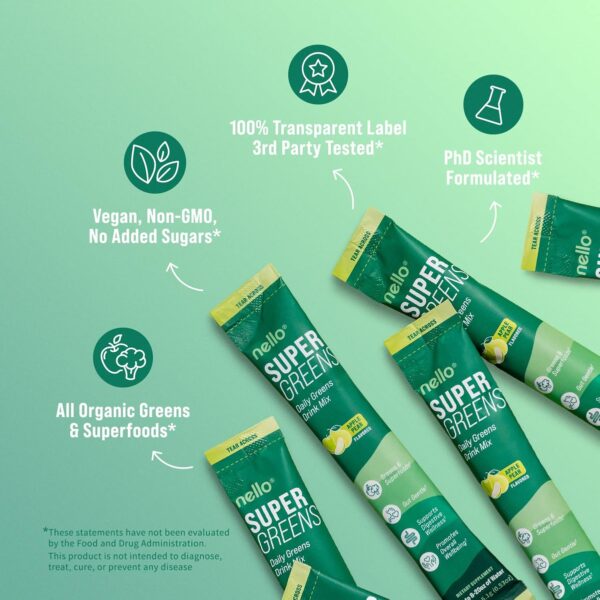 Supergreens Superfood Drink Mix with Chlorella, Moringa, Spinach, Broccoli, Digestive Enzymes, and Probiotics – Apple Pear Flavor, 20 Servings, Travel Pack - Image 5
