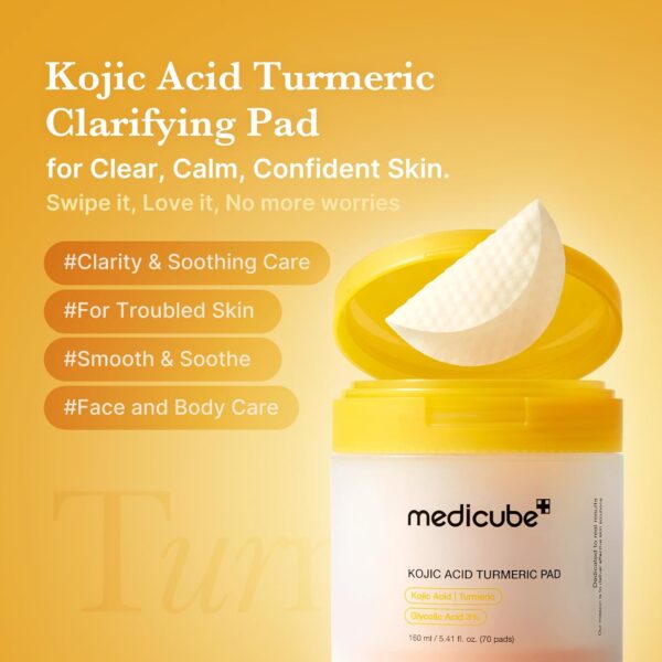 medicube Kojic Acid Turmeric Clarifying Toner Pad for Troubled Skin & Use After Spot Care | Soothing & Calming with Kojic Acid, Turmeric, Niacinamide, and Glycolic Acid | Korean Skin Care, 70 Pads - Image 3
