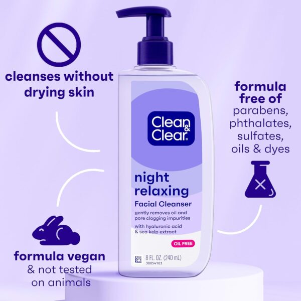 Clean & Clear Night Relaxing Deep Cleaning Oil-Free Night Face Wash, Foaming Facial Cleanser with Hyaluronic Acid & Sea Kelp Extract Gently Removes Oil & Pore Clogging Impurities, 8 fl. oz, - Image 4