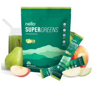 Supergreens Superfood Drink Mix with Chlorella, Moringa, Spinach, Broccoli, Digestive Enzymes, and Probiotics – Apple Pear Flavor, 20 Servings, Travel Pack