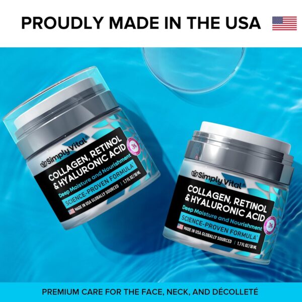 SimplyVital Collagen, Retinol & Hyaluronic Acid Cream - Anti-Aging Face Moisturizer for Face, Firming Skin Care Neck & Décolleté - Made in USA, Daily Moisturizer Face Cream Day & Night - 1.7 fl.oz. - Image 5