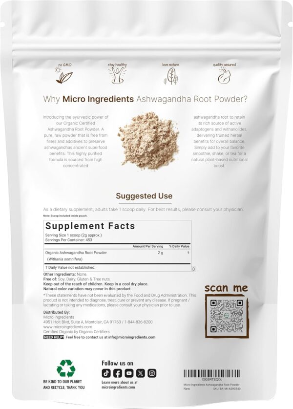 Micro Ingredients Organic Ashwagandha Root Powder | 2 Pound, No Filler, No Additives, Highly Purified | Active Withanolides, Adaptogenic Ayurvedic Herbal Supplements, No GMO, Gluten Free, India Origin - Image 5