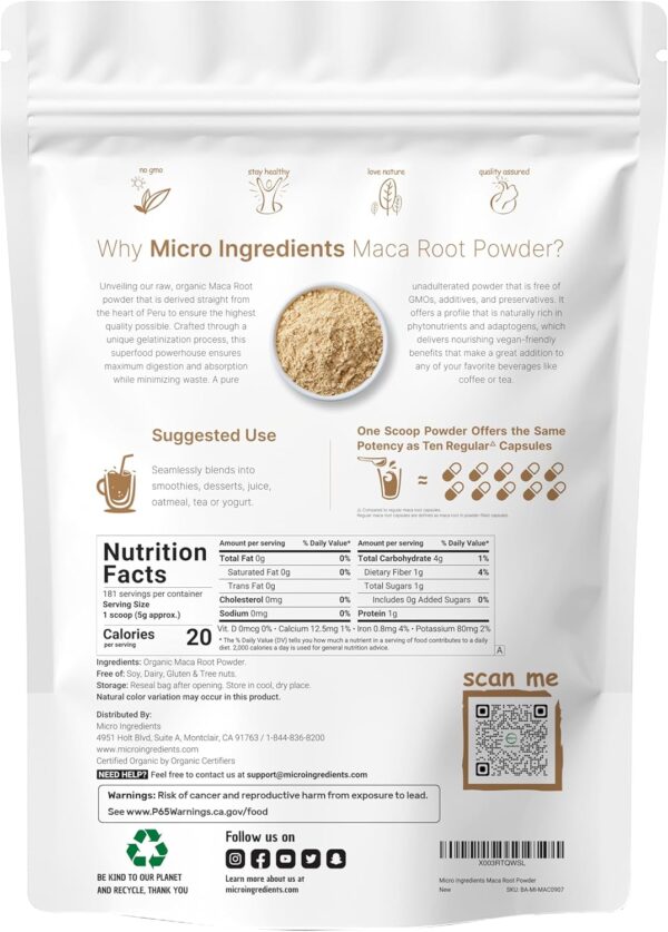 Micro Ingredients Organic Maca Root Powder, 2 lb, Gelatinized for Better Absorption, Antioxidants, Help Energy, Stamina, Endurance, Strength and Immune System, No GMOs, Vegan Friendly and Peru Origin - Image 7