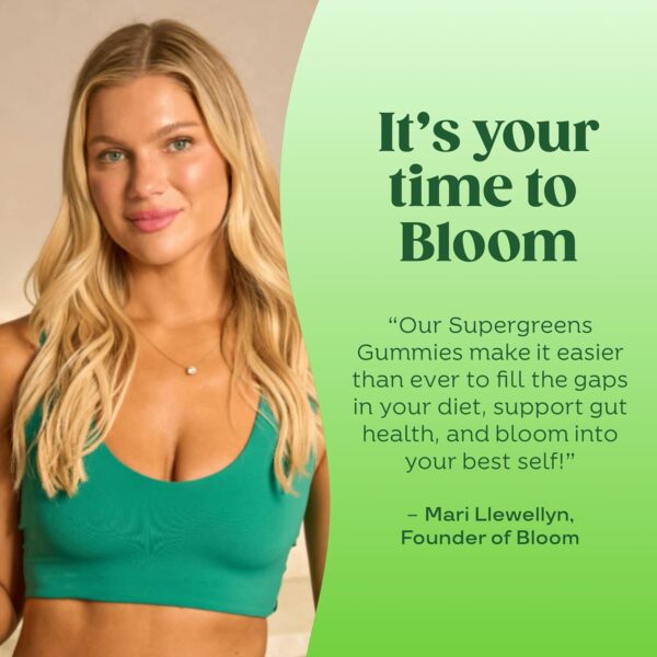 Bloom Super Greens Gummies, Daily Greens Superfood Fiber Gummies with Fruits, Vegetables, Vitamins & Minerals for Digestive & Gut Health, Bloating Support, Strawberry Kiwi, 12 Servings (48 Gummies Total) - Image 7