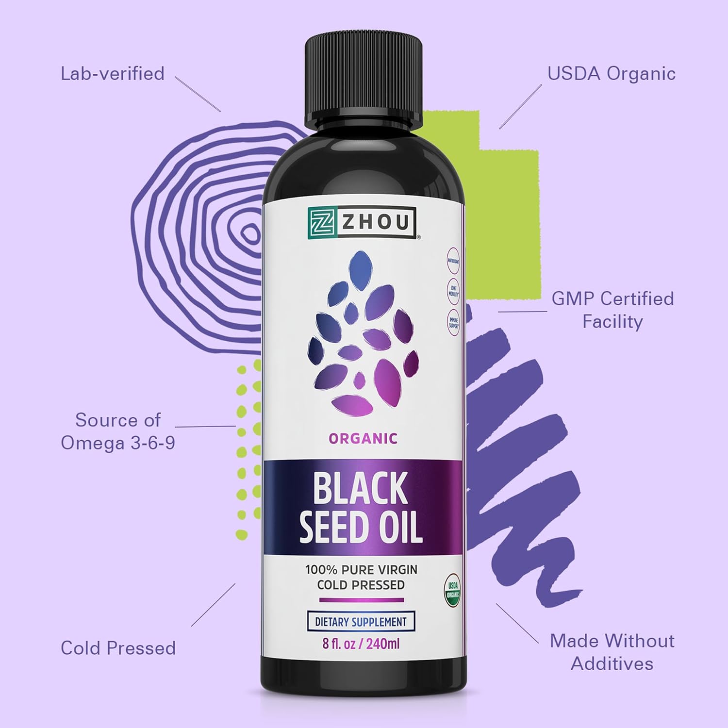Zhou Organic Black Seed Oil - Black Cumin Seed Oil Cold Pressed, Nigella Sativa, Pure Unrefined Blackseed Liquid, Premium Supplement for Health with Thymoquinone, Omega 3 6 9 - 8 Fl Oz - Image 4