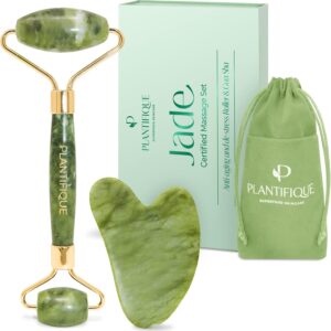 PLANTIFIQUE Jade Roller & Gua Sha Set – Real Jade Facial Tools for Skin Care Routine – Certified Face Massager for Radiant Skin