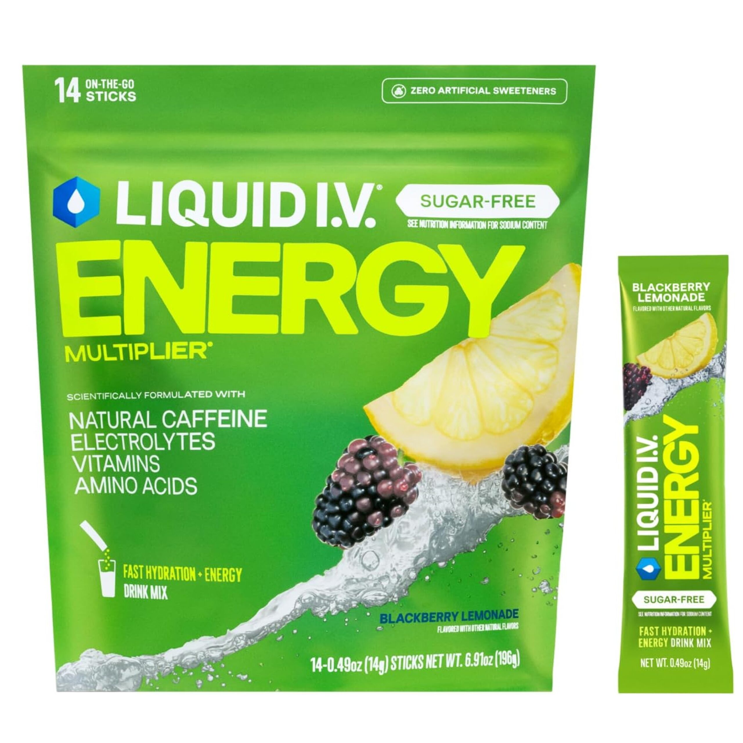 Liquid IV Hydration Multiplier Sugar-Free + Energy - Blackberry Lemonade | Electrolyte Powder Drink Mix | 1 Pack (14 Servings)
