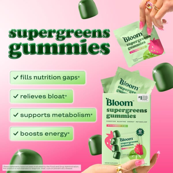 Bloom Super Greens Gummies, Daily Greens Superfood Fiber Gummies with Fruits, Vegetables, Vitamins & Minerals for Digestive & Gut Health, Bloating Support, Strawberry Kiwi, 12 Servings (48 Gummies Total) - Image 3