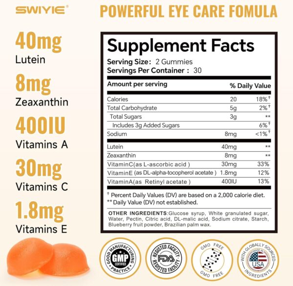 Lutein Gummies – Eye Vitamin and Mineral Supplement with 20mg Lutein & 4mg Zeaxanthin – Gummy Vitamins for Eye Health Support – Naturally Flavored, 60 Gummies - Image 8