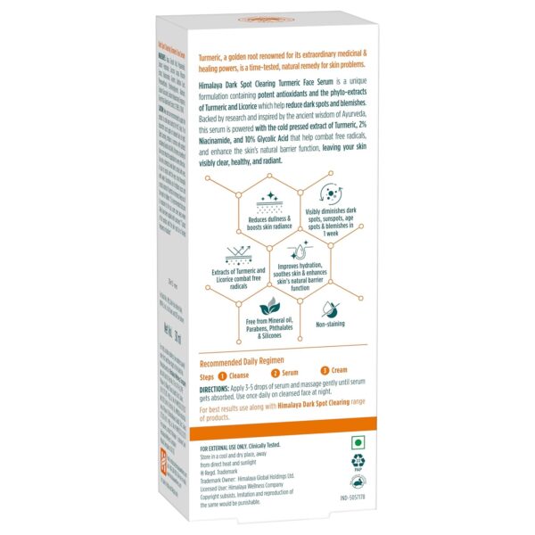 Himalaya Dark Spot Clearing Turmeric Face Serum for glowing skin | with Niacinamide, Glycolic acid & Organically sourced Turmeric | Reduces Dark Spots from Day 7 for Glowing skin | 30ml - Image 4