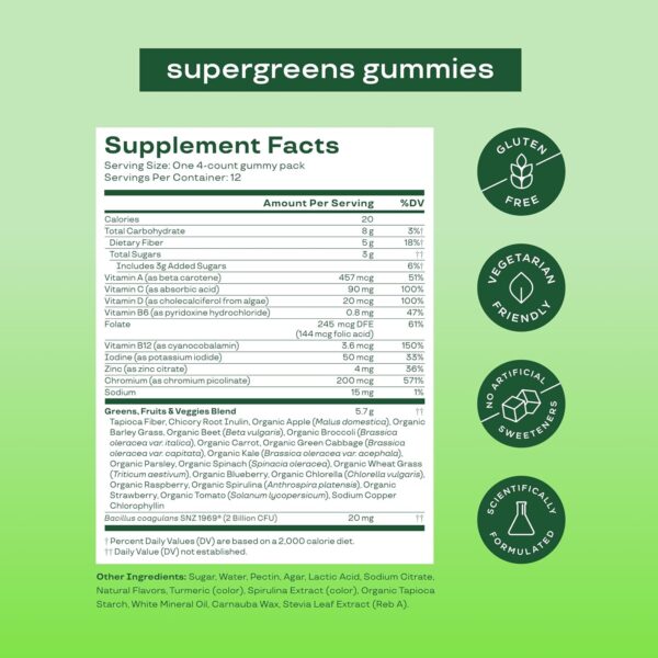 Bloom Super Greens Gummies, Daily Greens Superfood Fiber Gummies with Fruits, Vegetables, Vitamins & Minerals for Digestive & Gut Health, Bloating Support, Strawberry Kiwi, 12 Servings (48 Gummies Total) - Image 5