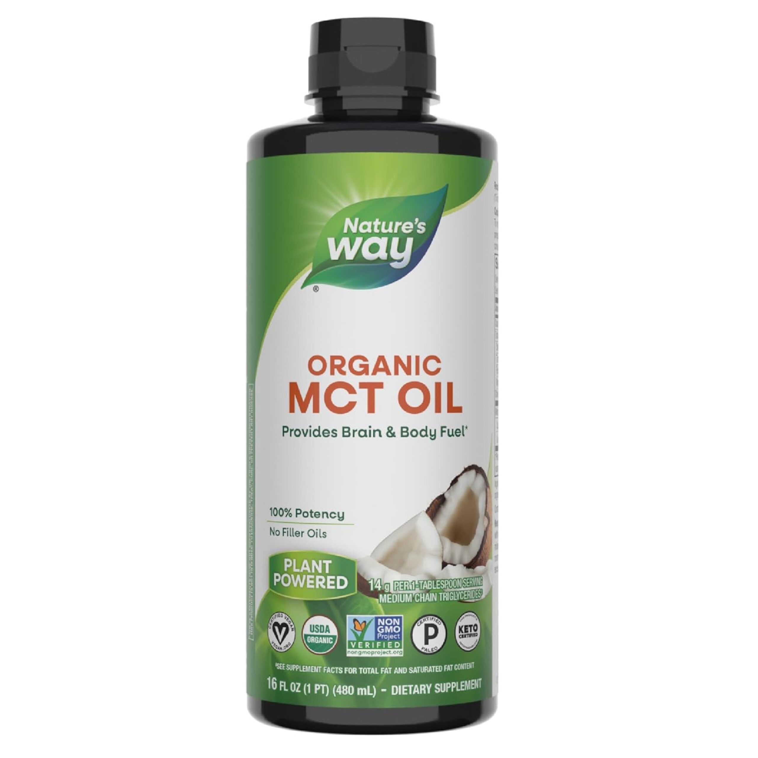 Nature's Way Organic MCT Oil, 16 Fl Oz, Brain and Body Fuel from Coconuts