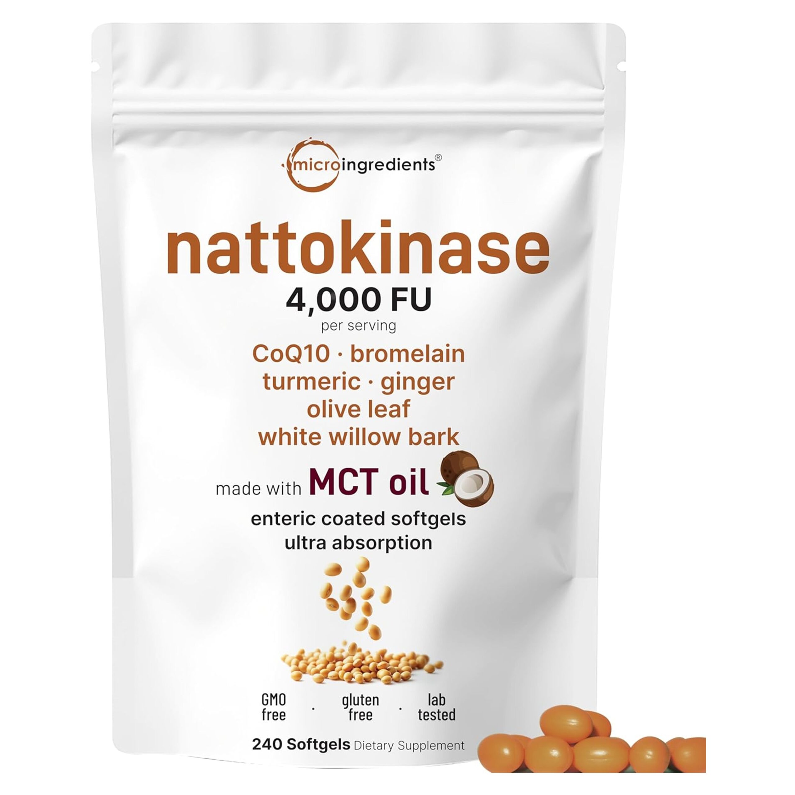 Nattokinase 4,000 FU Equivalent, 240 Enteric Coated Softgels with MCT Oil | 7-in-1 Ultra Absorption Cardiovascular Supplement with CoQ10, Bromelain, Turmeric, Ginger, Olive Leaf, & White Willow Bark