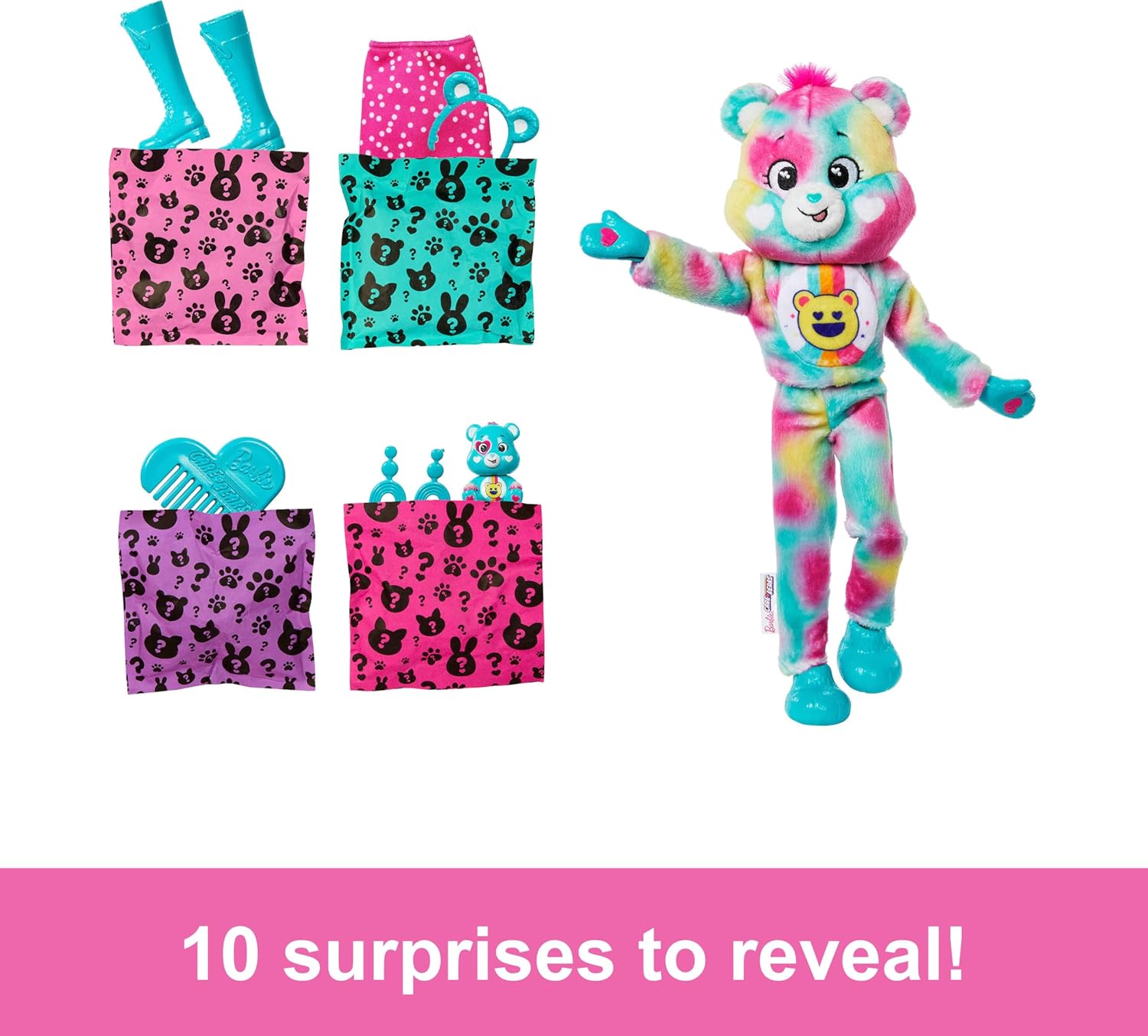 Barbie Cutie Reveal Care Bears Doll & Accessories, Series 2 Good Vibes Bear with 10 Surprises Including Color Change & Mini Bear - Image 3