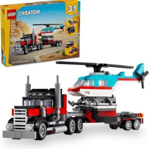 LEGO Creator 3 in 1 Flatbed Truck with Helicopter Toy, Transforms from Flatbed Truck Toy to Propeller Plane to Hot Rod and SUV Car Toys, 31146