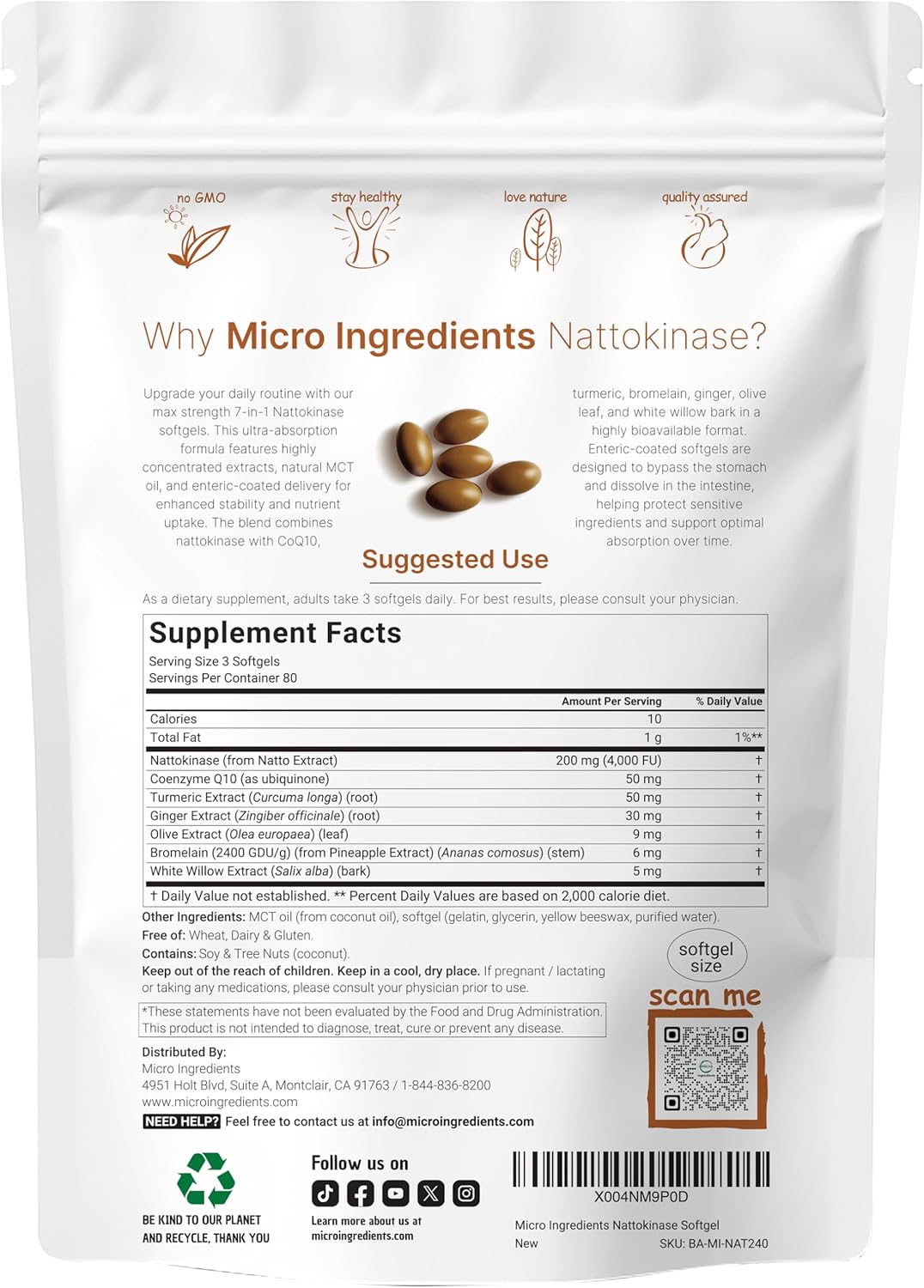 Nattokinase 4,000 FU Equivalent, 240 Enteric Coated Softgels with MCT Oil | 7-in-1 Ultra Absorption Cardiovascular Supplement with CoQ10, Bromelain, Turmeric, Ginger, Olive Leaf, & White Willow Bark - Image 4