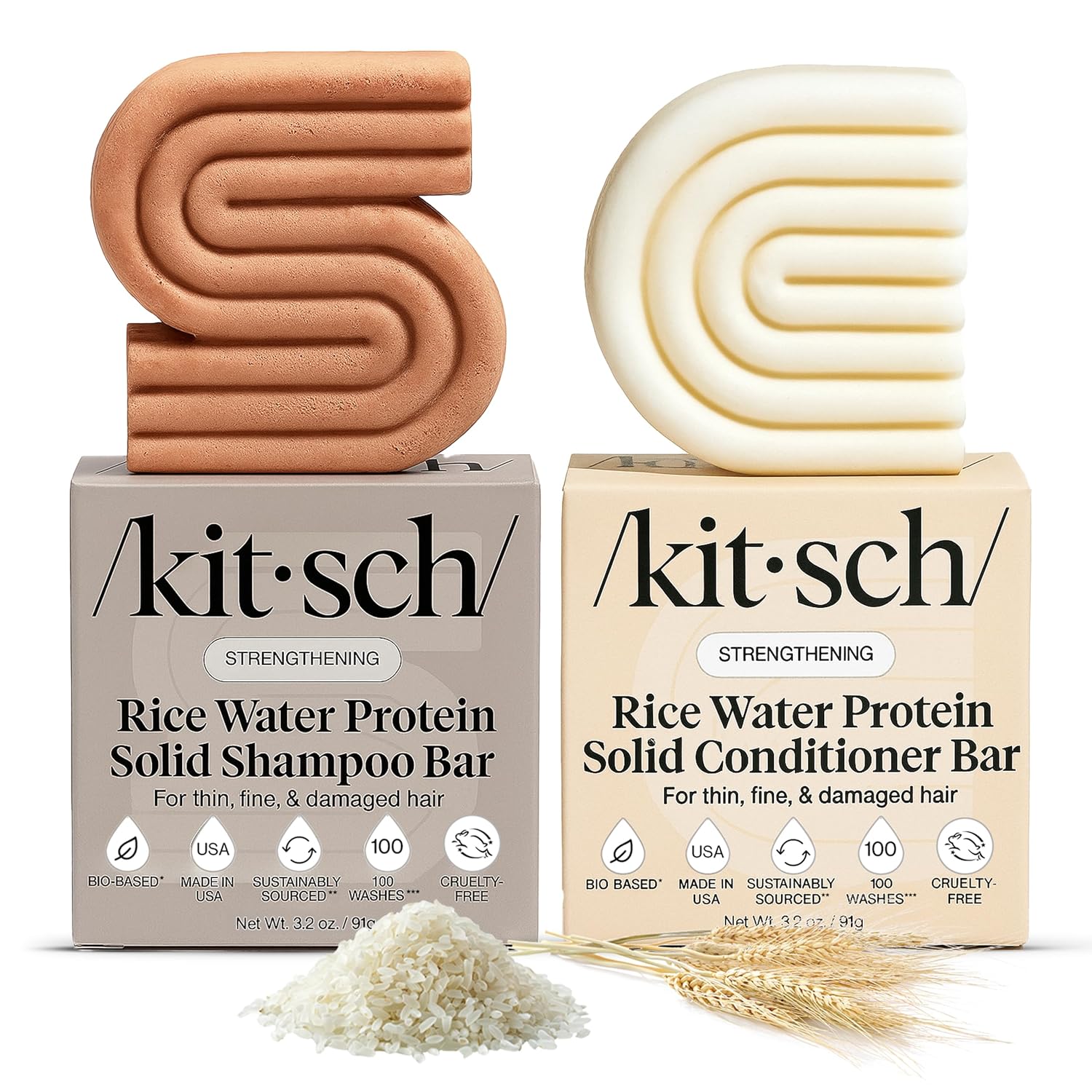 Kitsch Rice Water Protein Solid Shampoo and Conditioner Set for Hair Growth – Strengthening Hair Care Duo w/Rice Protein & Vitamins for Damage Repair – Paraben, Sulfate & Silicone Free,