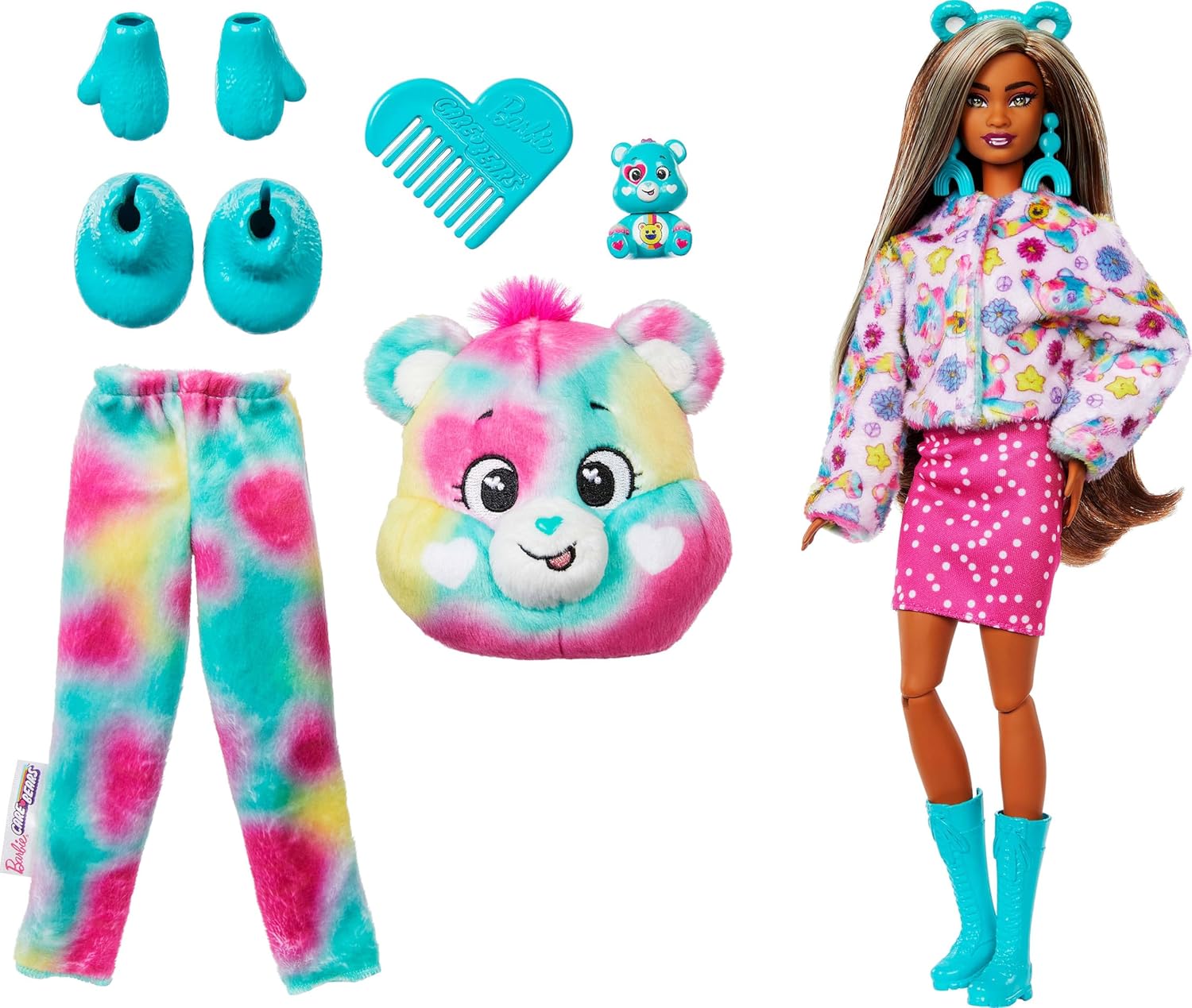 Barbie Cutie Reveal Care Bears Doll & Accessories, Series 2 Good Vibes Bear with 10 Surprises Including Color Change & Mini Bear - Image 6