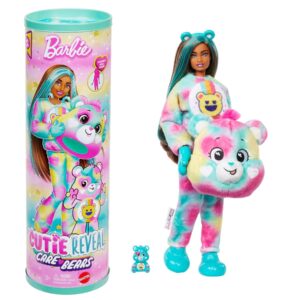 Barbie Cutie Reveal Care Bears Doll & Accessories, Series 2 Good Vibes Bear with 10 Surprises Including Color Change & Mini Bear
