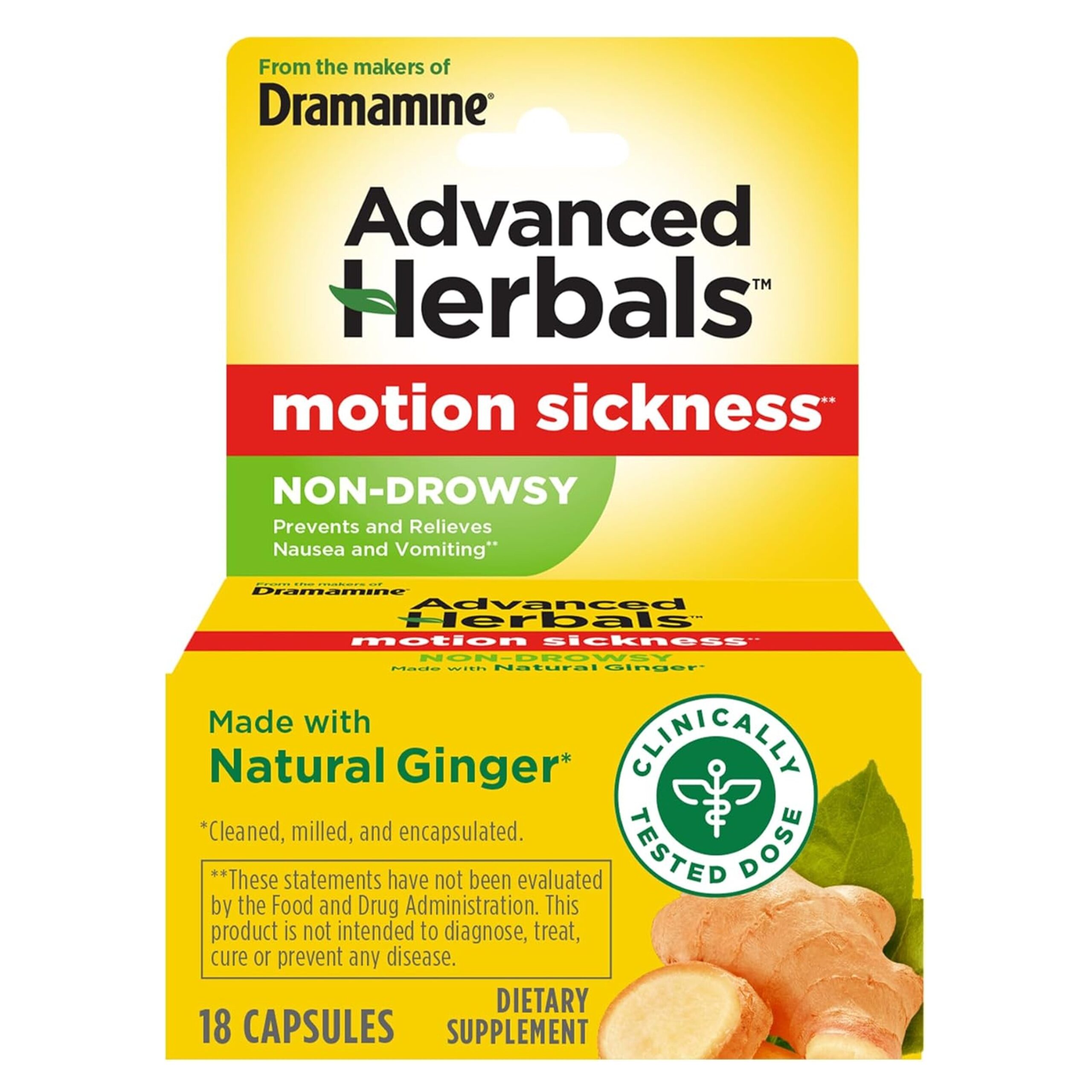 Dramamine, Advanced Herbals, Non-Drowsy, Motion Sickness Relief, Made with Natural Ginger, 18 Count