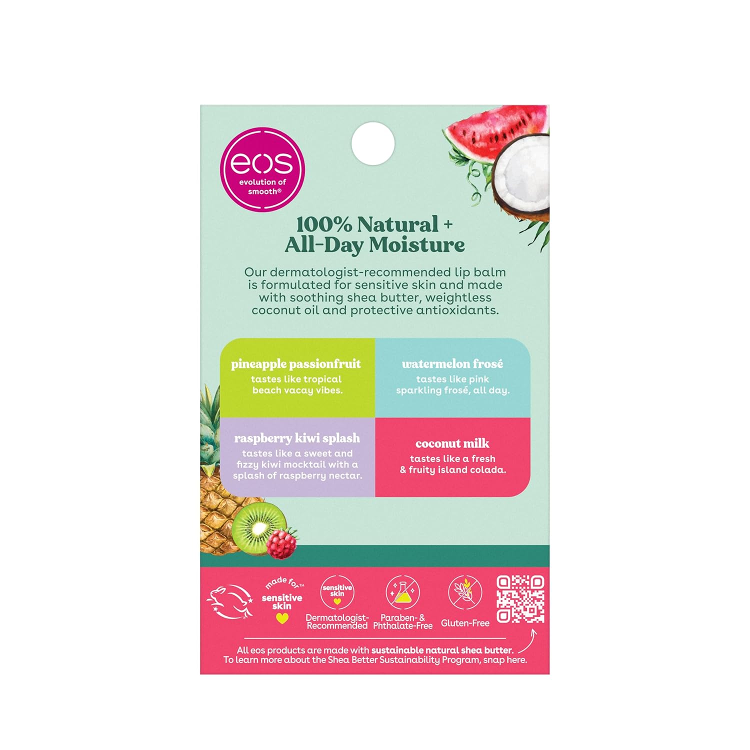 eos 100% Natural Lip Balms- Coconut Milk, Pineapple Passionfruit, Watermelon Frosé & Raspberry Kiwi Splash, All-Day Moisture Lip Care, 0.14 oz, 4-Pack - Image 7