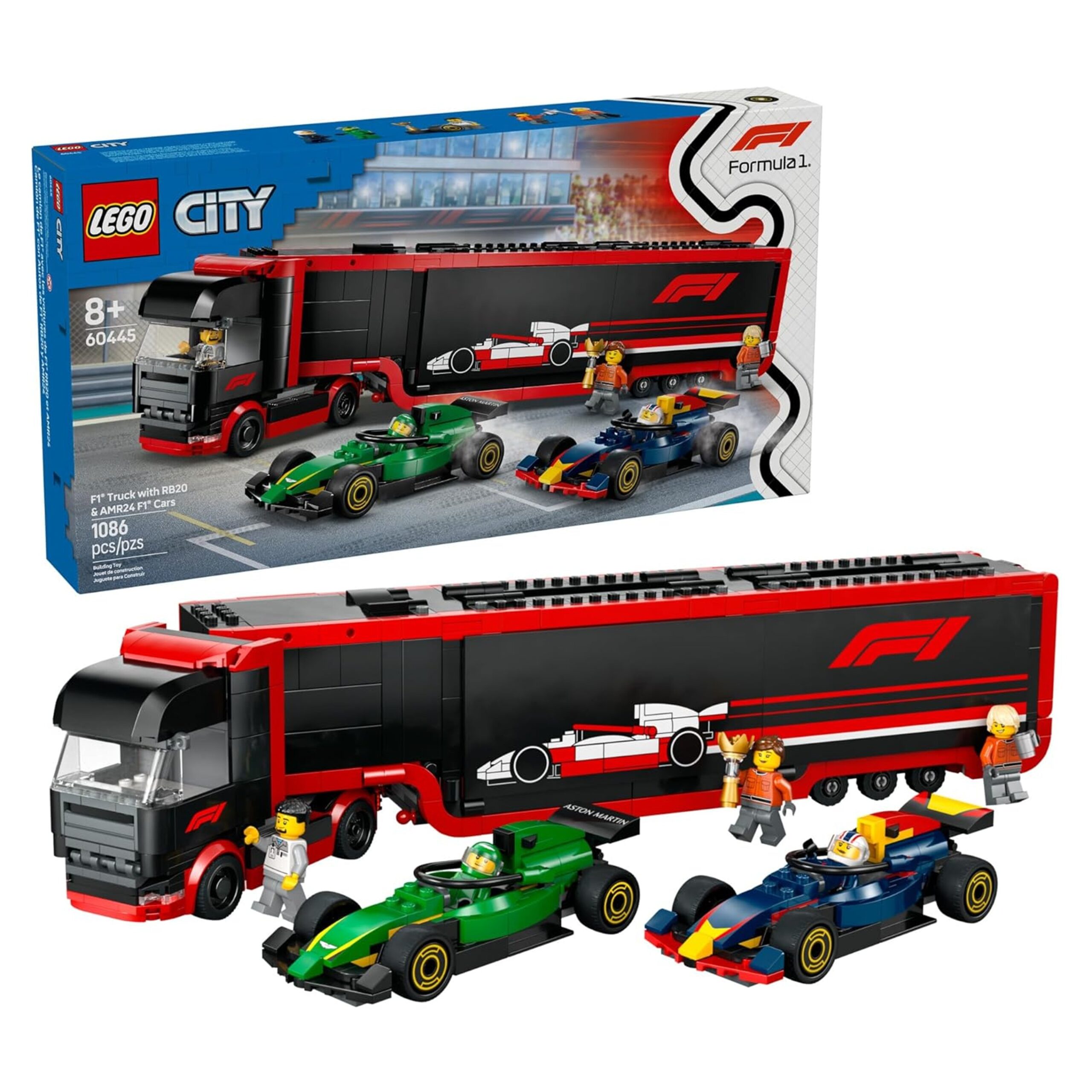 LEGO City F1 Truck with RB20 & AMR24 F1 Car Toys - Model Car Building Toy Set for Kids, Boys and Girls, Ages 8+ - F1 Collectible for Fans - Gift Idea for Birthdays - 60445