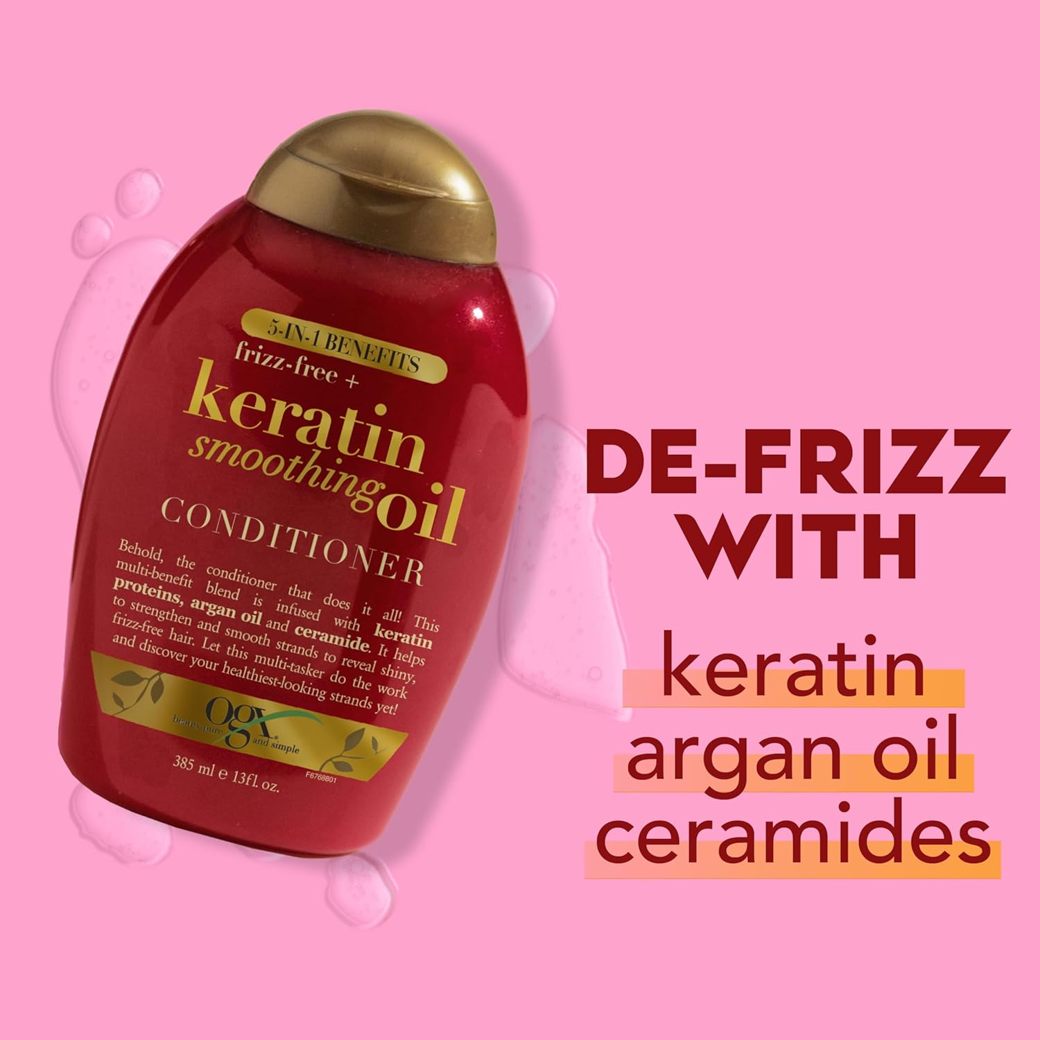 OGX Frizz-Free + Keratin Smoothing Oil Conditioner, 5 in 1, for Frizzy Hair, Shiny Hair, 13 Fl Oz - Image 5
