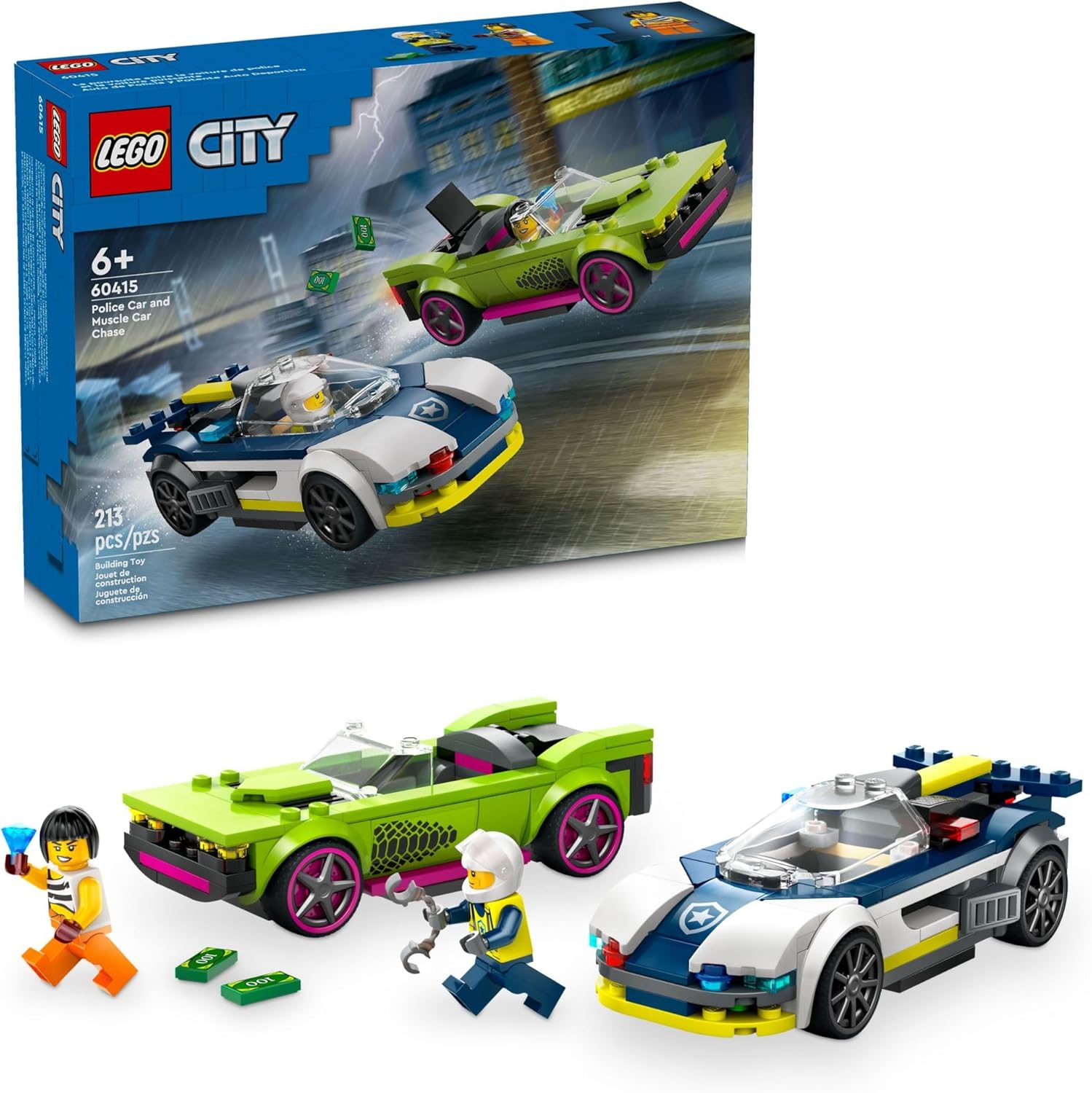 LEGO City Police Car and Muscle Car Chase, Emergency Vehicle Toy for Boys and Girls, Fun Gift for Kids Ages 6+ who Love Pretend Play Toys, Police Toy with Officer and Crook Minifigures, 60415